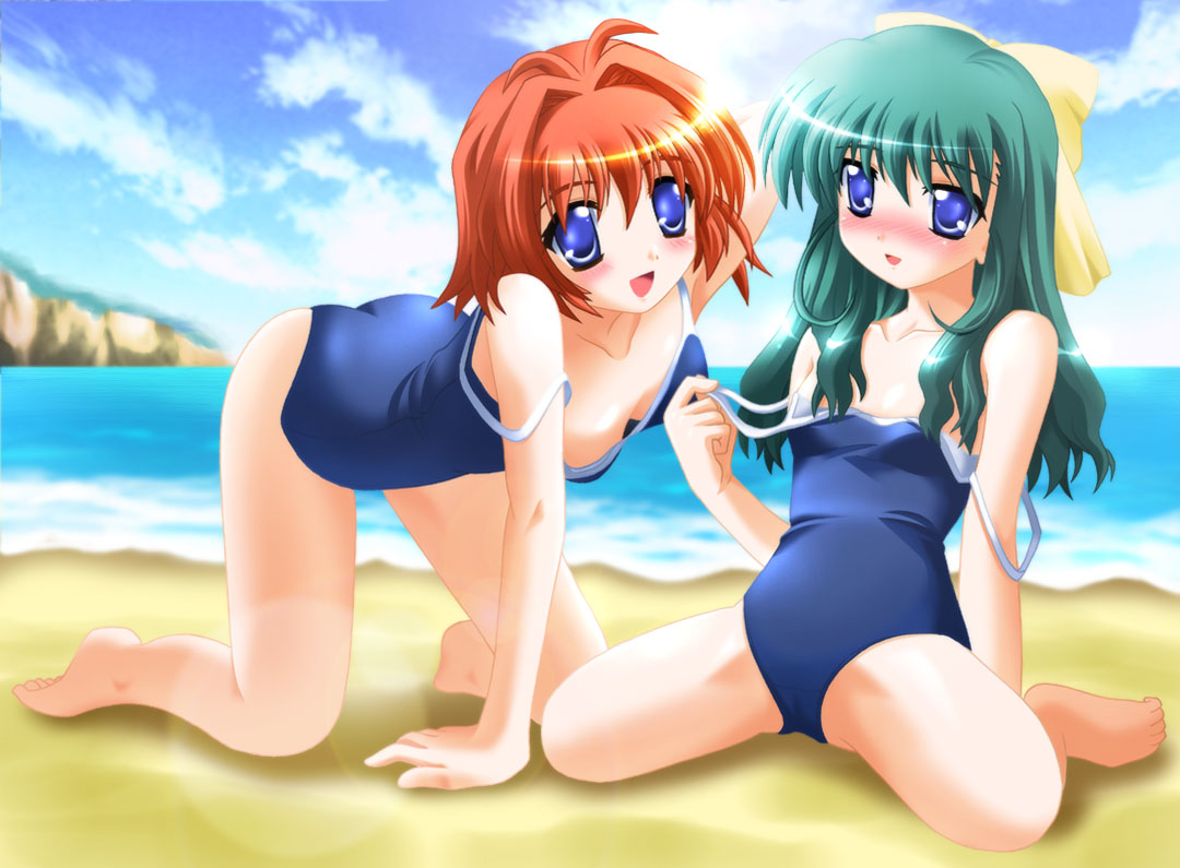 otoki raku, miyafuji miina, onodera karen, onegai twins, 00s, 2girls, all fours, bad anatomy, beach, bent over, blue eyes, blush, bow, day, green hair, loli, multiple girls, ocean, one-piece swimsuit, poorly drawn, red hair, ribbon, school swimsuit, spread legs, swimsuit, undressing