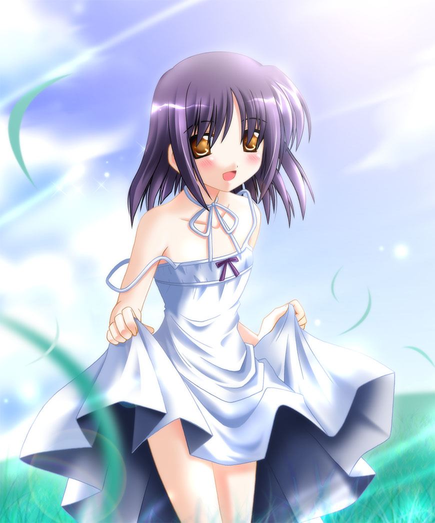 otoki raku, nagumo sae, saishuu shiken kujira, 00s, bare shoulders, blush, clothes lift, dress, dress lift, grass, short hair, smile, solo, yellow eyes