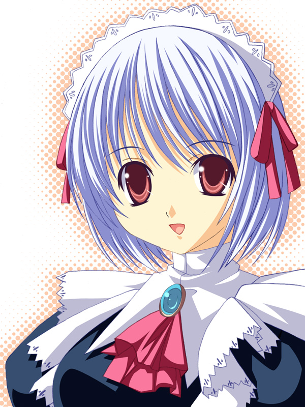 yuzuki furon, kotonomiya yuki, suigetsu, 1girl, blue hair, female focus, maid, red eyes, short hair, solo, white hair, yuzuki furom