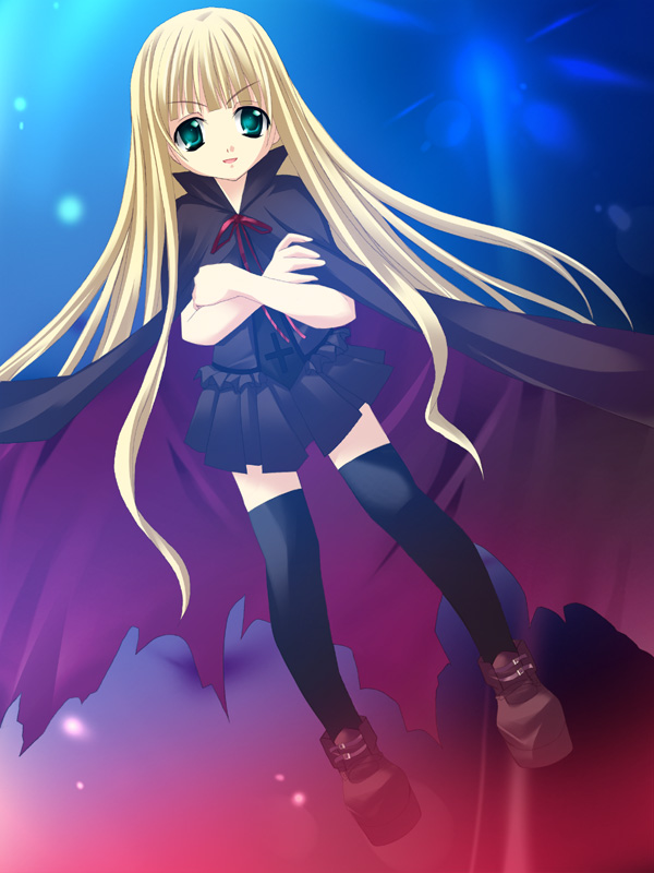 yuzuki furon, evangeline a.k. mcdowell, mahou sensei negima!, 00s, blonde hair, cape, goth fashion, long hair, solo, thighhighs, vampire, very long hair