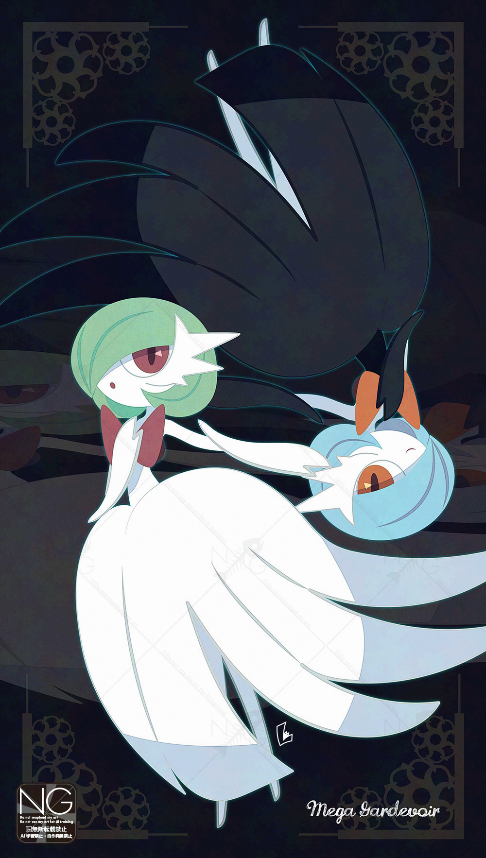 meme (artist), gardevoir, mega gardevoir, nintendo, pokemon, highres, alternate color, black dress, black gloves, blue hair, bob cut, character name, colored skin, dress, elbow gloves, gen 3 pokemon, gloves, green hair, hair over one eye, mega pokemon, orange eyes, pink eyes, pokemon (creature), shiny pokemon, white dress, white gloves, white skin