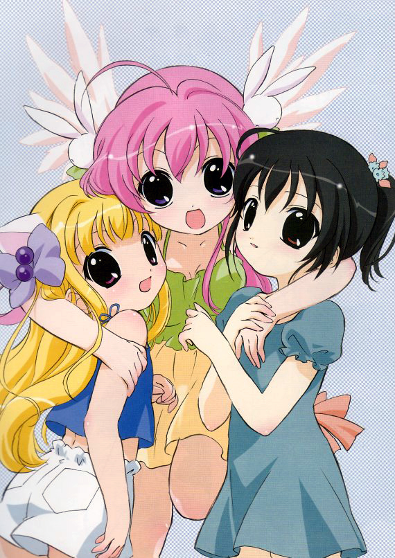 sakai kyuuta, shia, misha, misha (pita ten), shia (pita ten), uematsu koboshi, pita ten, official art, 3girls, :d, ahoge, animal ears, black hair, blonde hair, blush, brown eyes, cat ears, dress, hair ornament, long hair, looking at viewer, multiple girls, open mouth, pink hair, ponytail, purple eyes, rabbit hair ornament, shorts, simple background, smile, wings