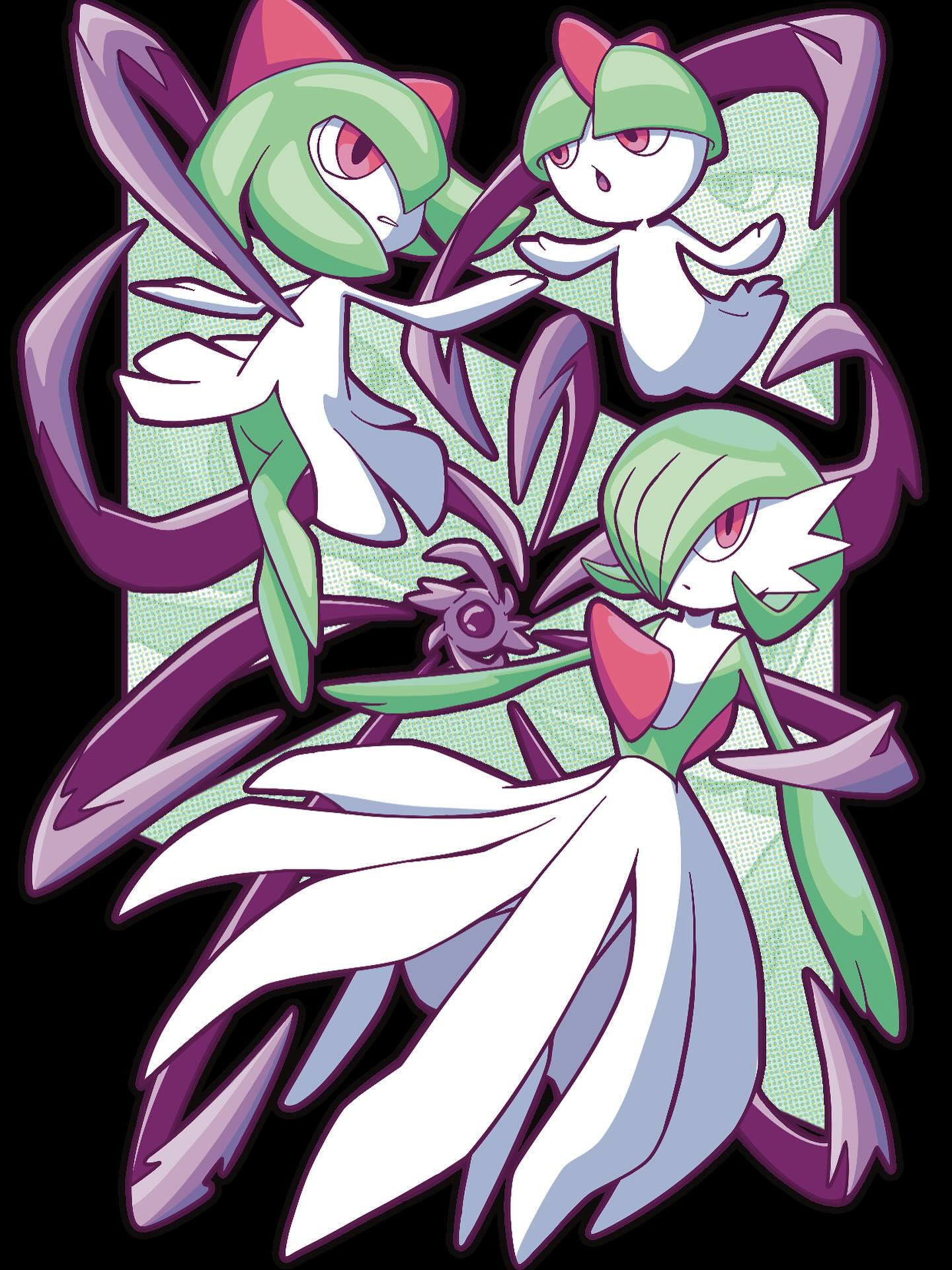 gardevoir, kirlia, ralts, nintendo, pokemon, highres, artaqiz, bowl cut, colored skin, dress, evolutionary line, gen 3 pokemon, green skin, hair over one eye, horns, multicolored skin, pink eyes, pokemon (creature), sidelocks, two-tone skin, white dress, white skin