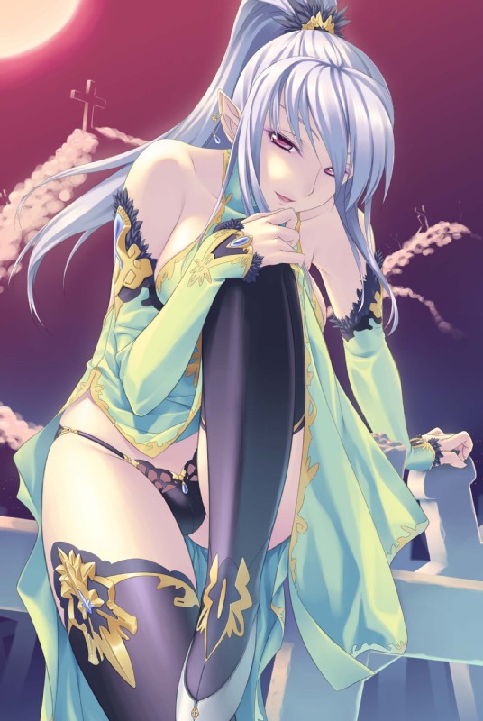 miyatsuki itsuka, 1girl, bare shoulders, blue hair, detached sleeves, dress, female focus, long hair, panties, pointy ears, ponytail, red eyes, solo, thighhighs, underwear
