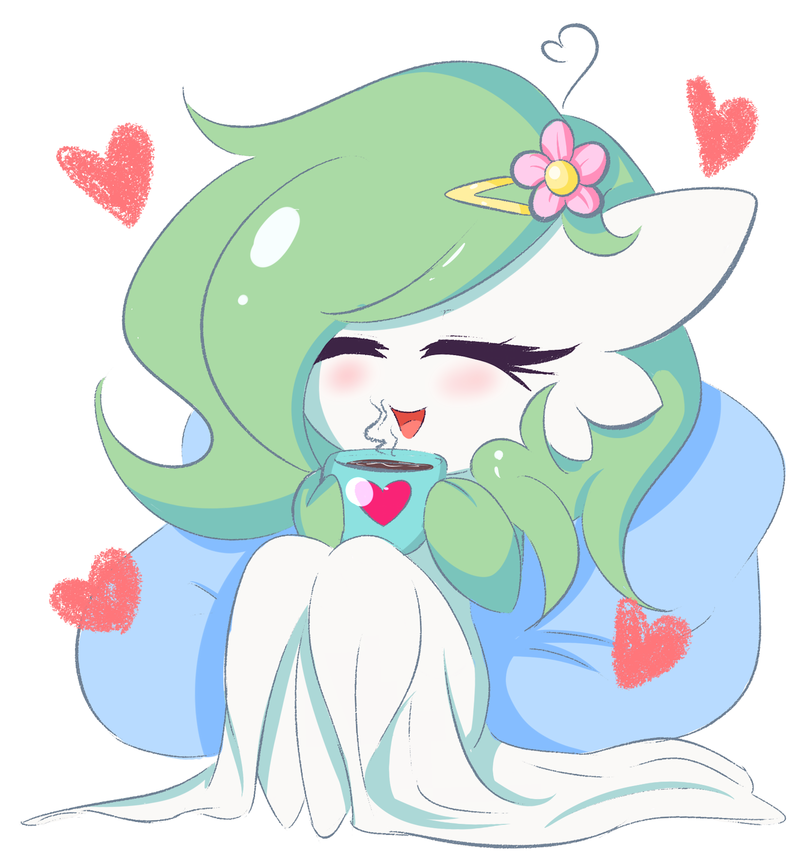 zyleyz, gardevoir, nintendo, pokemon, highres, 1girl, blush, chibi, closed eyes, colored skin, cup, dress, gen 3 pokemon, green hair, green skin, heart, holding, holding cup, long hair, mug, multicolored skin, pokemon (creature), smile, two-tone skin, white dress, white skin