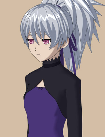 hokusen, yin (darker than black), darker than black, lowres, 00s, 1girl, 3d, female focus, long hair, ponytail, red eyes, ribbon, simple background, solo, standing, upper body