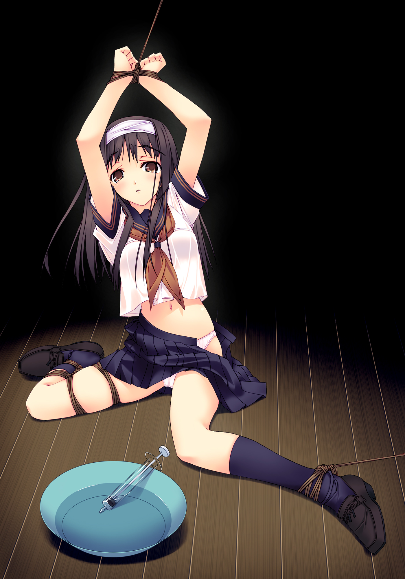 murakami suigun, f-ism, original, highres, 1girl, bdsm, bondage, bound, brown eyes, enema, female focus, long hair, panties, pantyshot, purple hair, school uniform, serafuku, socks, solo, syringe, tears, underwear