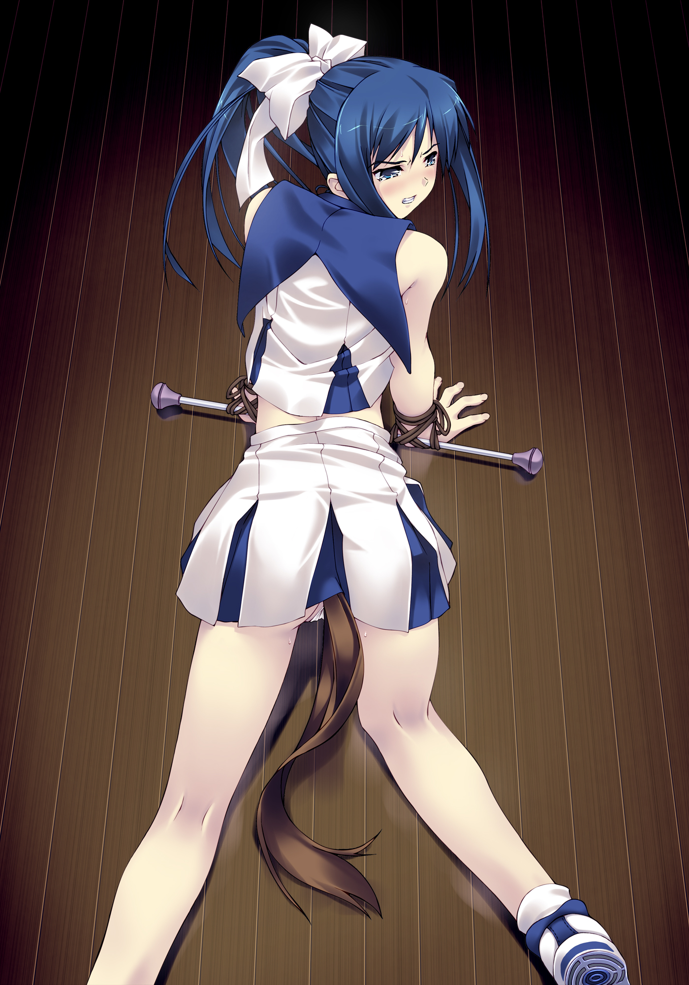 murakami suigun, f-ism, original, highres, 1girl, all fours, anal tail, ass, bdsm, bent over, blue eyes, blue hair, blush, bondage, bound, butt plug, cheerleader, fake tail, female focus, from behind, horse tail, kneepits, matching hair/eyes, panties, pantyshot, ponytail, ribbon, sex toy, solo, spreader bar, tail, tears, underwear