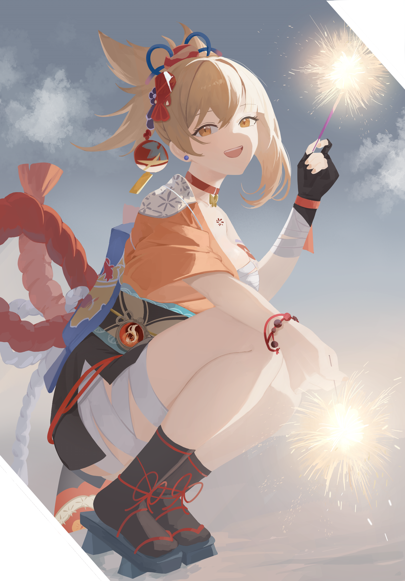 nbee ya, yoimiya (genshin impact), genshin impact, absurdres, highres, 1girl, bandaged leg, bandages, black socks, breasts, butterfly choker, chest sarashi, chest tattoo, choker, fireworks, fish tattoo, hadanugi dousa, holding, holding fireworks, japanese clothes, kimono, looking at viewer, medium breasts, open kimono, open mouth, orange kimono, pyro symbol (genshin impact), sandals, sarashi, smile, socks, solo, sparkler, squatting, tattoo, vision (genshin impact)