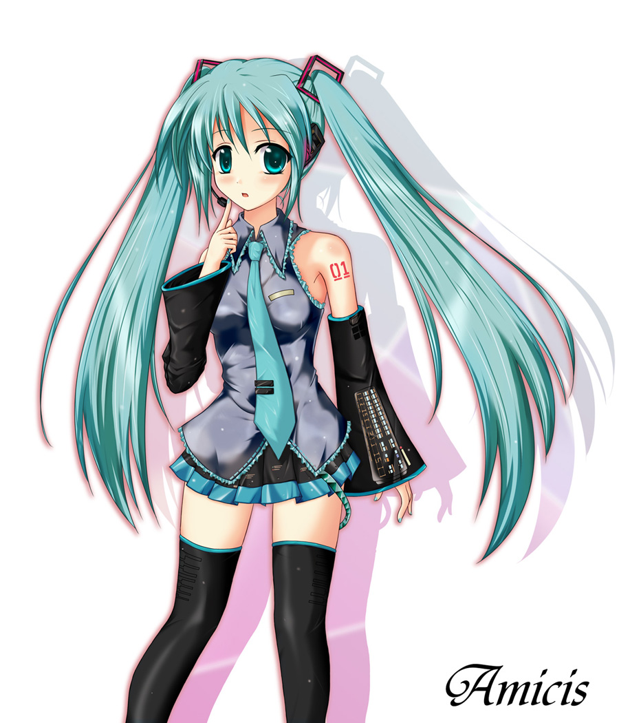 amicis, hatsune miku, vocaloid, blush, detached sleeves, green eyes, green hair, headset, long hair, necktie, skirt, solo, thighhighs, twintails, very long hair, zettai ryouiki