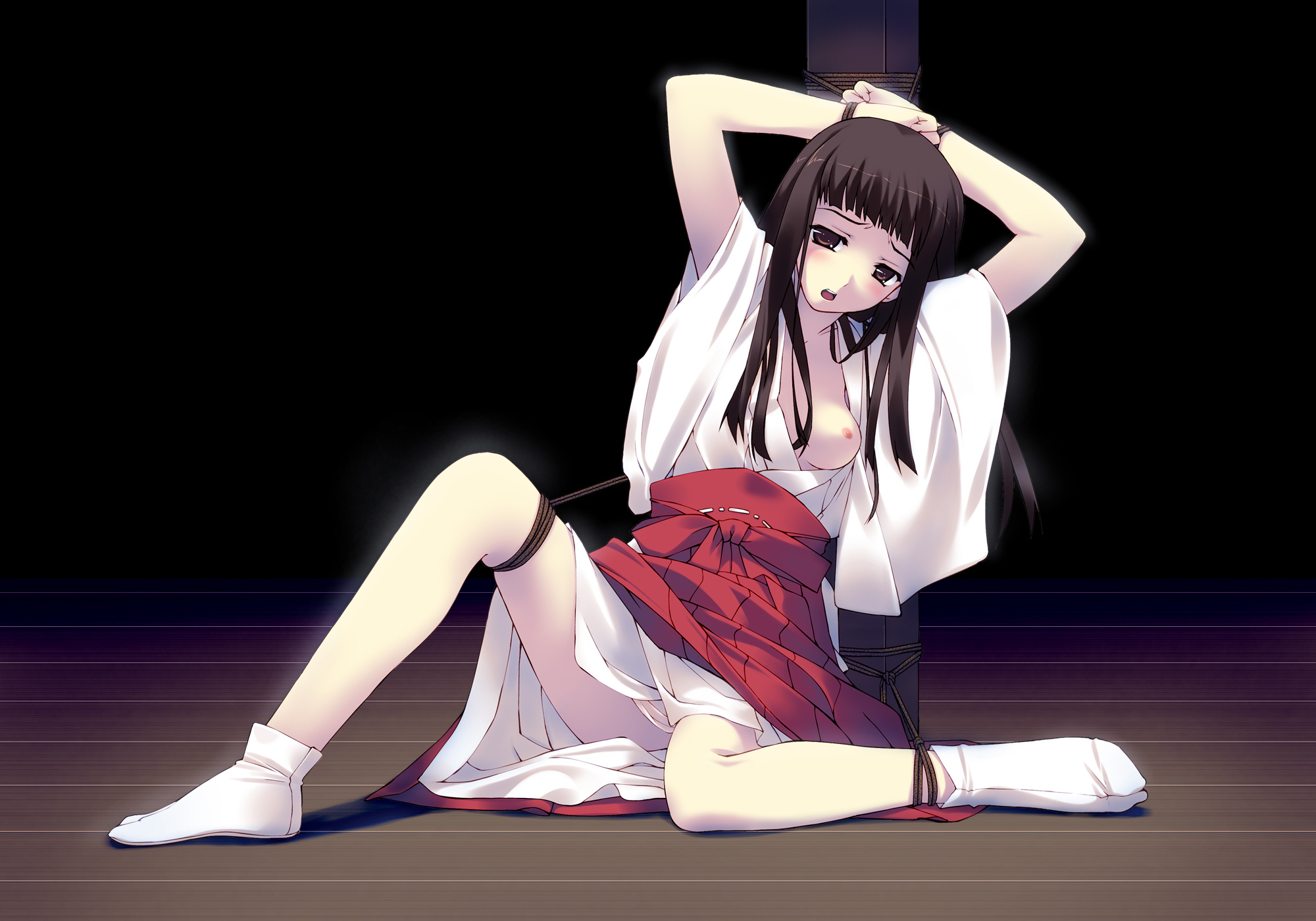 murakami suigun, miko (murakami suigun), f-ism, original, highres, 1girl, bdsm, bondage, bound, brown hair, female focus, hakama, hakama skirt, japanese clothes, long hair, miko, nipples, red hakama, rope, shibari, skirt, solo, tabi