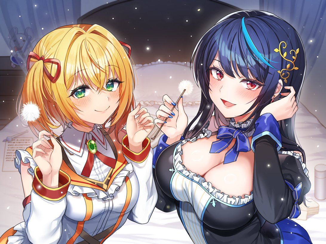 hanasaki mahiru, original, commentary request, 2girls, bed sheet, blonde hair, blue hair, blush, breasts, cleavage, closed mouth, green eyes, hair ornament, hair ribbon, hands up, holding, indoors, large breasts, long hair, long sleeves, looking at viewer, mimikaki, multicolored hair, multiple girls, open mouth, pillow, red eyes, red ribbon, ribbon, shirt, smile, streaked hair, twintails, white shirt