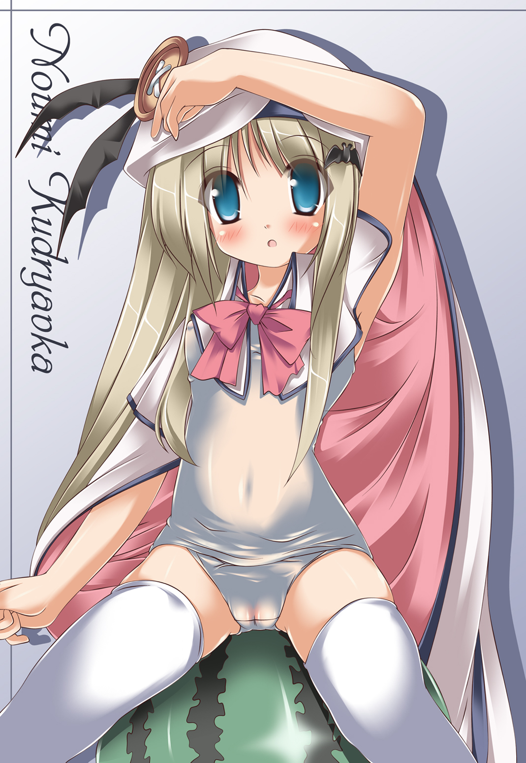 shin'ya natsuki, noumi kudryavka, little busters!, silver hair, highres, 1girl, armpits, bat hair ornament, blue eyes, bow, buttons, cameltoe, cape, covered erect nipples, female focus, food, fruit, hair ornament, hat, large buttons, loli, long hair, one-piece swimsuit, pink bow, school swimsuit, solo, swimsuit, thighhighs, watermelon, white one-piece swimsuit, white school swimsuit