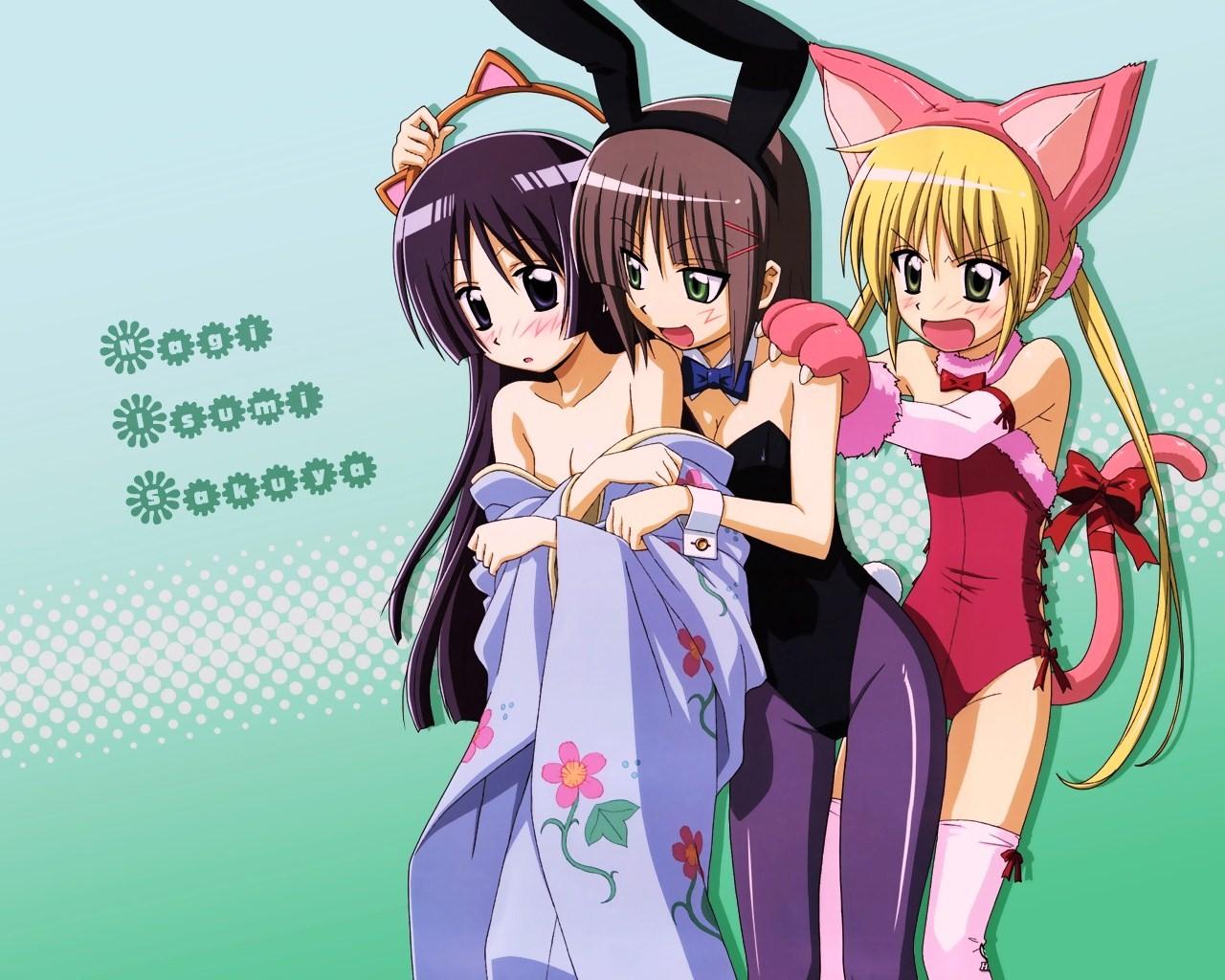 aizawa sakuya, saginomiya isumi, sanzen'in nagi, hayate no gotoku!, jpeg artifacts, 00s, 3girls, animal ears, cat ears, cat tail, fake animal ears, japanese clothes, kimono, kittysuit, leotard, multiple girls, nontraditional playboy bunny, pantyhose, playboy bunny, rabbit ears, tail, undressing, yuri