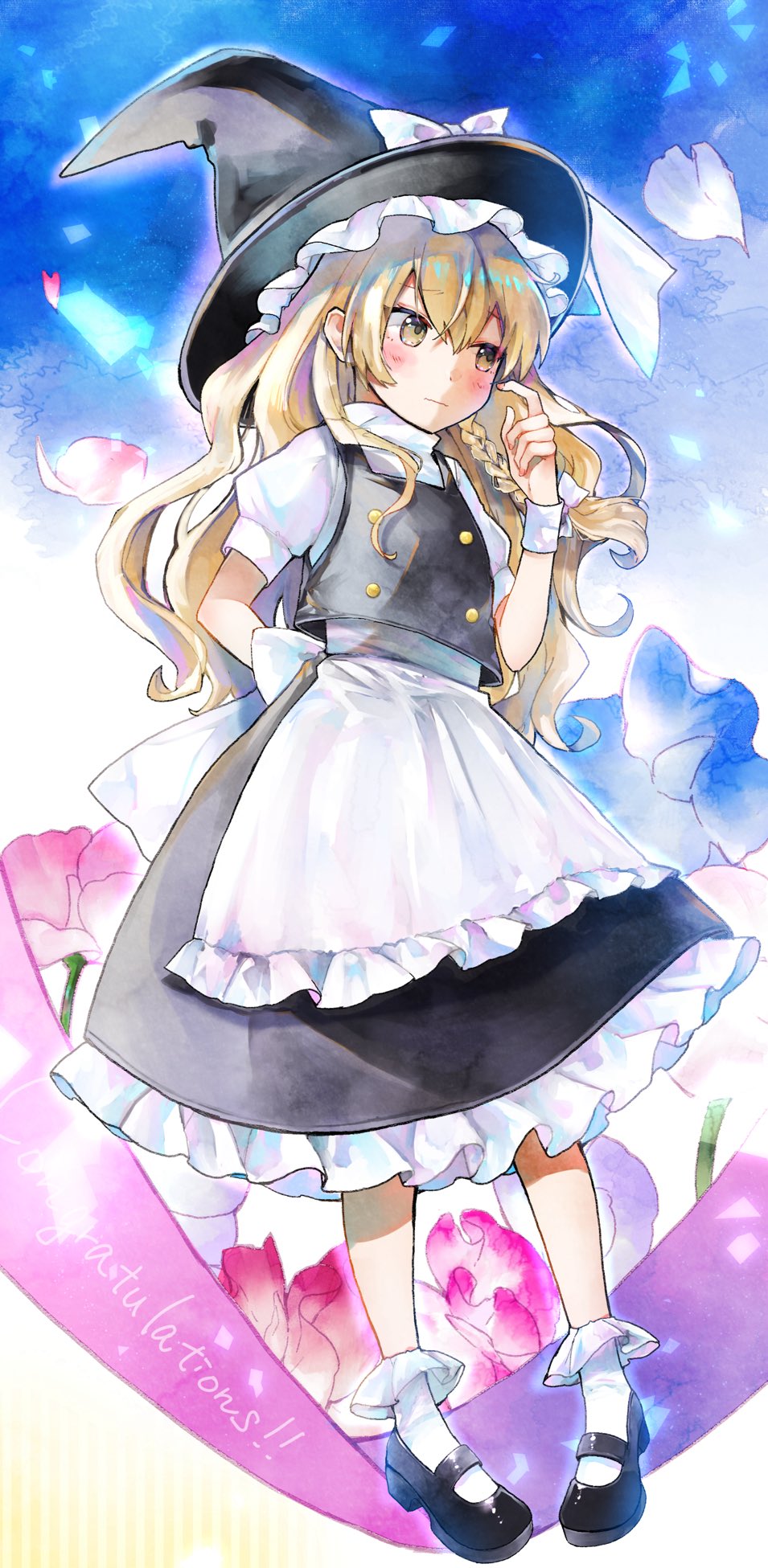 minatsuki yurara, kirisame marisa, touhou, commentary, highres, 1girl, apron, arm behind back, black hat, black shoes, black skirt, blonde hair, blush, buttons, double-breasted, floral background, frilled apron, frilled skirt, frilled socks, frills, full body, hat, long hair, looking to the side, mary janes, puffy short sleeves, puffy sleeves, shoes, short sleeves, skirt, socks, solo, white apron, white socks, witch hat
