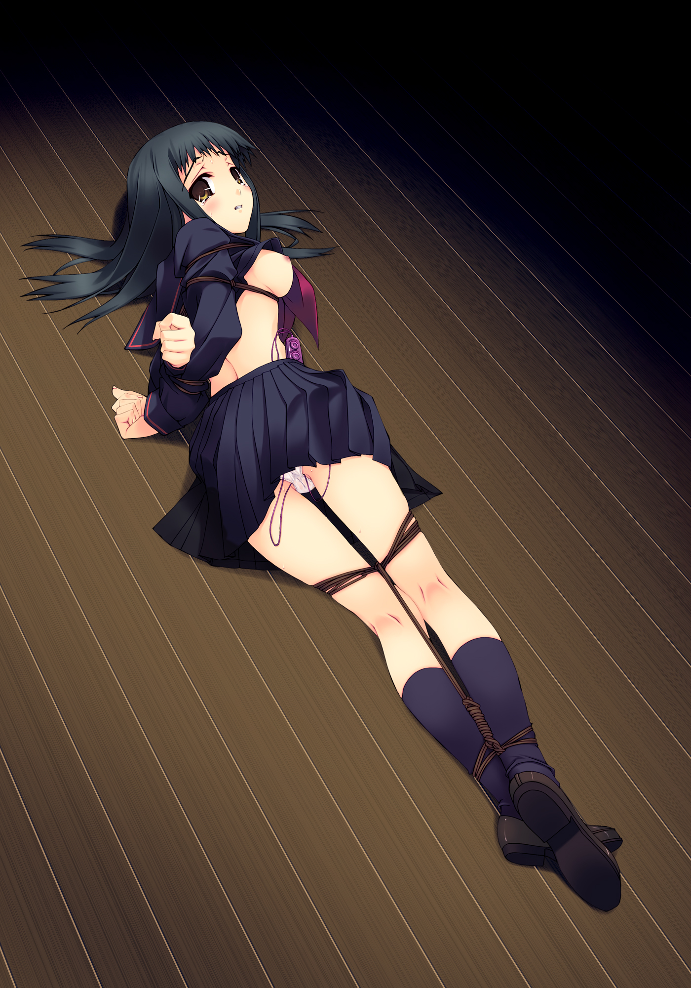 murakami suigun, f-ism, original, highres, 1girl, bdsm, black hair, black serafuku, bondage, bound, breast bondage, breasts, brown eyes, female focus, full body, kneepits, nipples, panties, pantyshot, school uniform, serafuku, sex toy, shibari, solo, tears, underwear, vibrator, vibrator under clothes