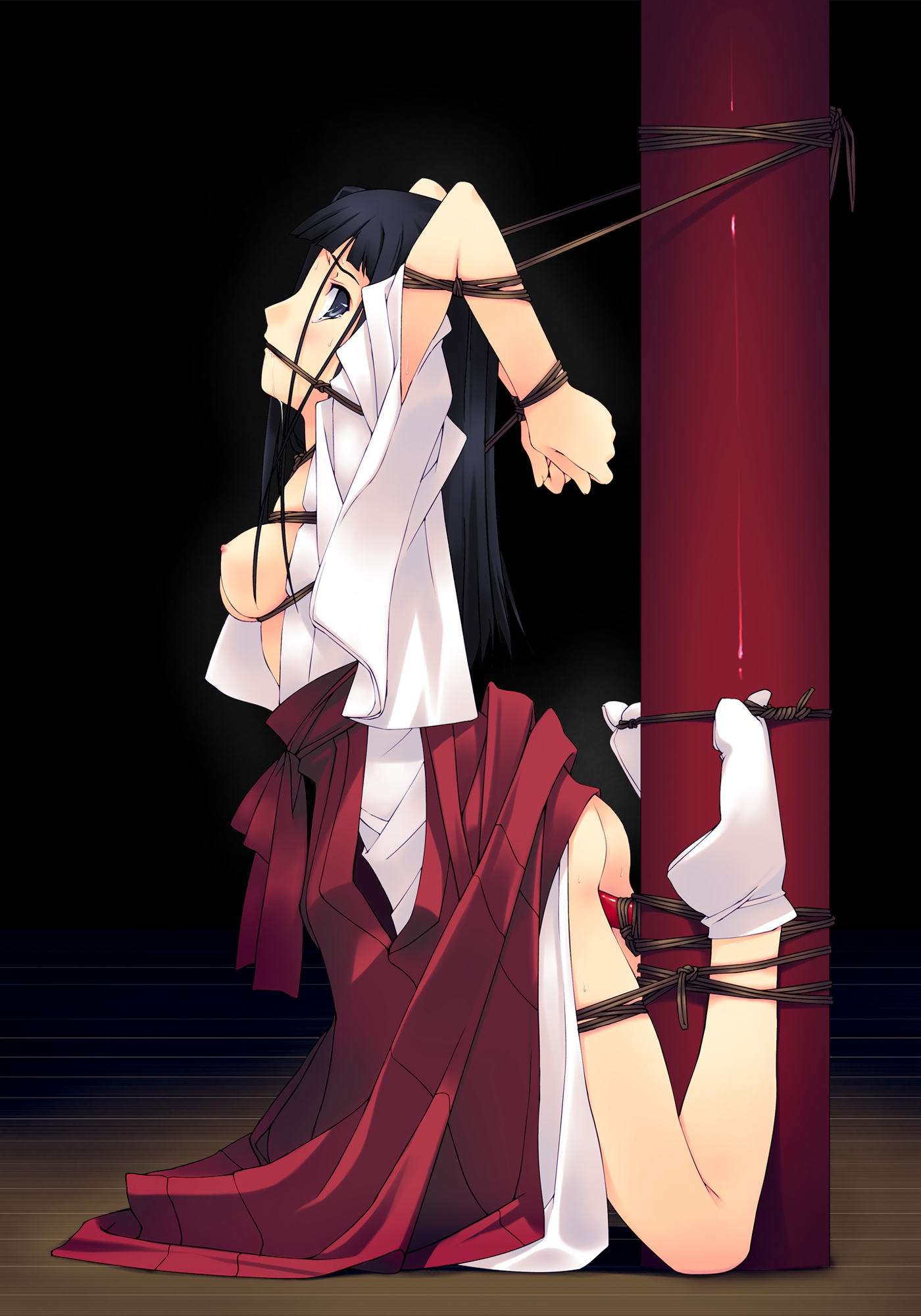 murakami suigun, miko (murakami suigun), f-ism, original, highres, 1girl, arms up, assisted exposure, bdsm, bend, blouse, blue eyes, blue hair, bondage, bound, bound wrists, dildo, female focus, from side, full body, hakama, hakama skirt, japanese clothes, matching hair/eyes, miko, nipples, open clothes, open shirt, red hakama, sex toy, shibari, shirt, skirt, socks, solo, tabi, tears, white socks, wooden floor