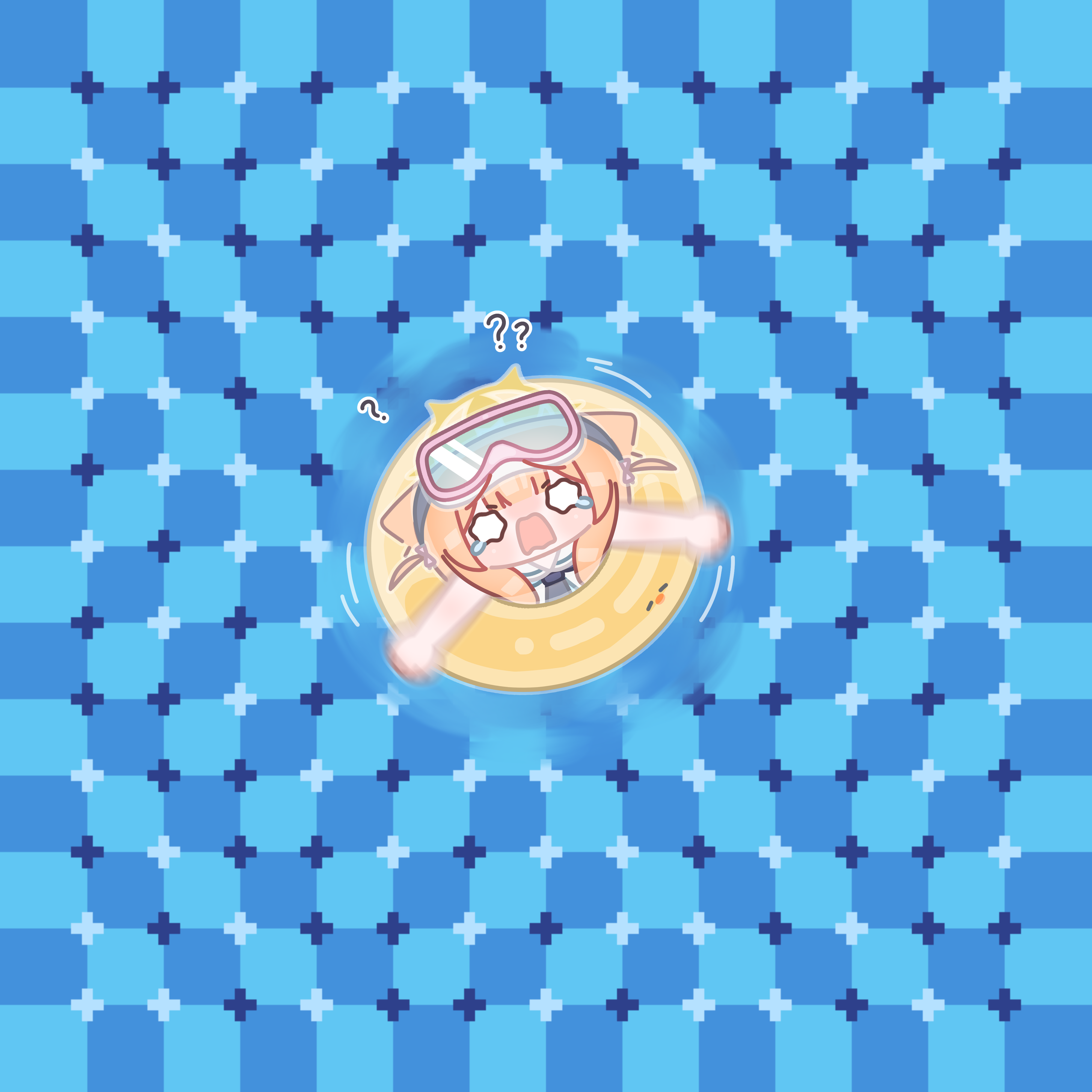 horuhara, mari (blue archive), blue archive, absurdres, highres, 1girl, ?, animal ears, black necktie, blunt bangs, blush, bow, checkered background, chibi, diving mask, diving mask on head, from above, goggles, goggles on head, hair bow, halo, looking up, motion blur, necktie, no nose, nose blush, open mouth, optical illusion, orange hair, pink bow, primrose field illusion, sailor collar, solo, swim ring, two side up, water, wavy mouth, white sailor collar, yellow halo