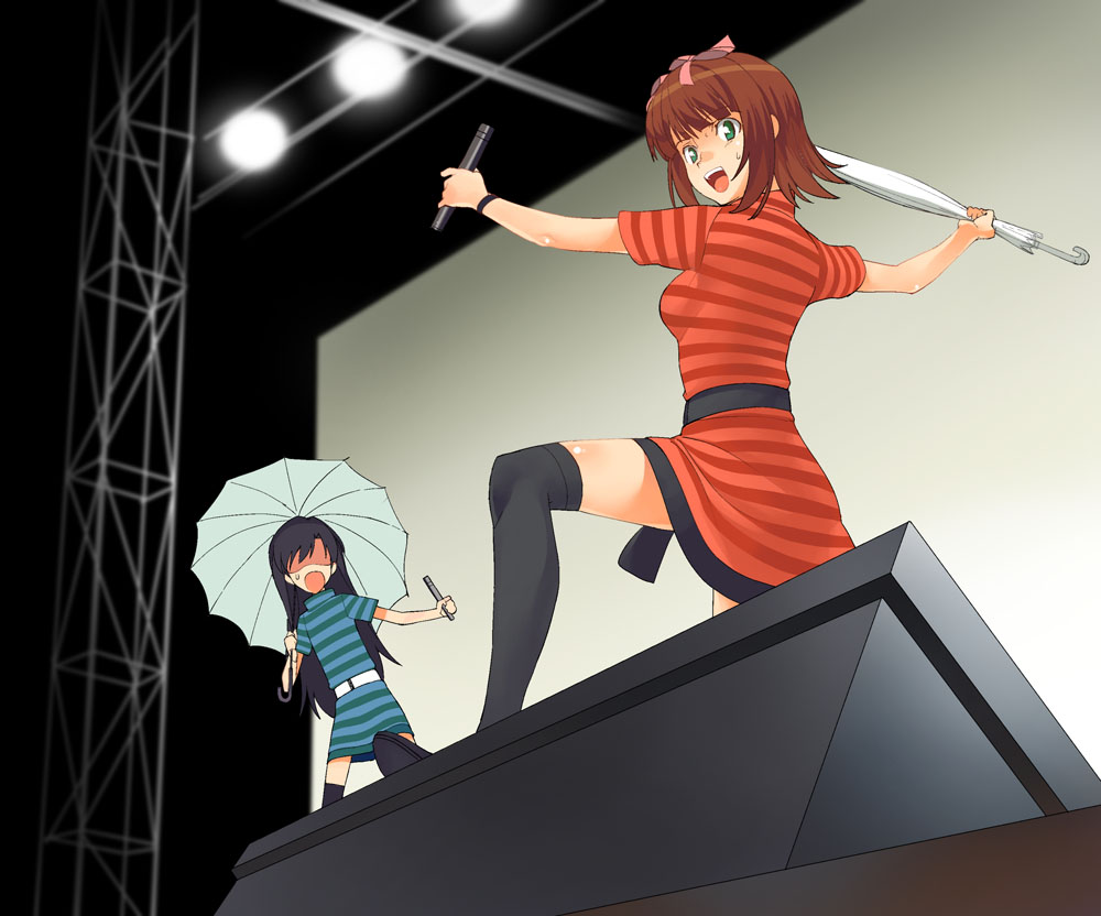 a1 (initial-g), amami haruka, kisaragi chihaya, idolmaster, idolmaster (classic), idolmaster 1, striped, 00s, 2girls, closed umbrella, multiple girls, thighhighs, umbrella, zettai ryouiki