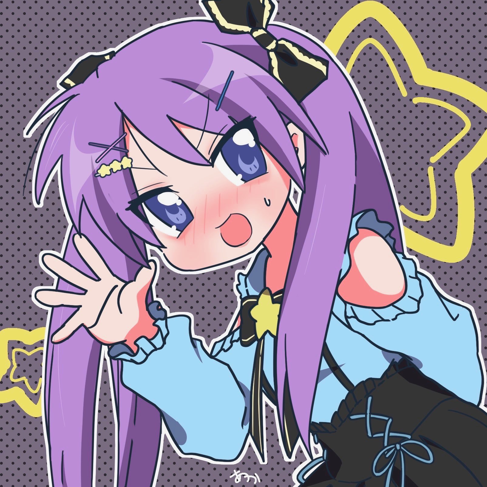 hiiragi kagami, lucky star, highres, 1girl, :d, arm behind back, ben-day dots, black bow, black bowtie, black skirt, blue eyes, blue shirt, blush, bow, bowtie, clothing cutout, grey background, hair bow, hair ornament, hairclip, hiyokoierou, nervous, open mouth, pleated skirt, purple hair, screentones, shirt, shoulder cutout, skirt, smile, star (symbol), star hair ornament, sweatdrop, twintails, waving
