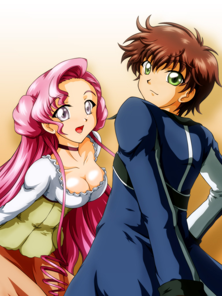 tanan, euphemia li britannia, kururugi suzaku, code geass, 00s, 1boy, 1girl, breasts, cleavage, donut hair bun, dress, green eyes, hair bun, large breasts, long hair, pink hair, purple eyes, short hair
