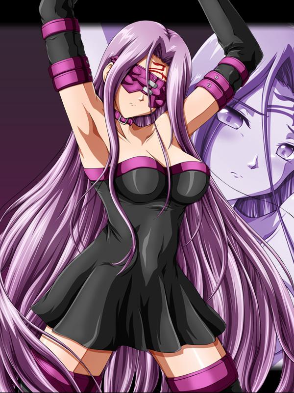 tanan, medusa (fate), medusa (rider) (fate), fate/hollow ataraxia, fate/stay night, fate (series), 00s, 1girl, armpits, bare shoulders, blindfold, breasts, cleavage, collar, detached sleeves, dress, elbow gloves, female focus, gloves, long hair, pink hair, solo, square pupils, strapless, strapless dress, thighhighs, very long hair, zettai ryouiki