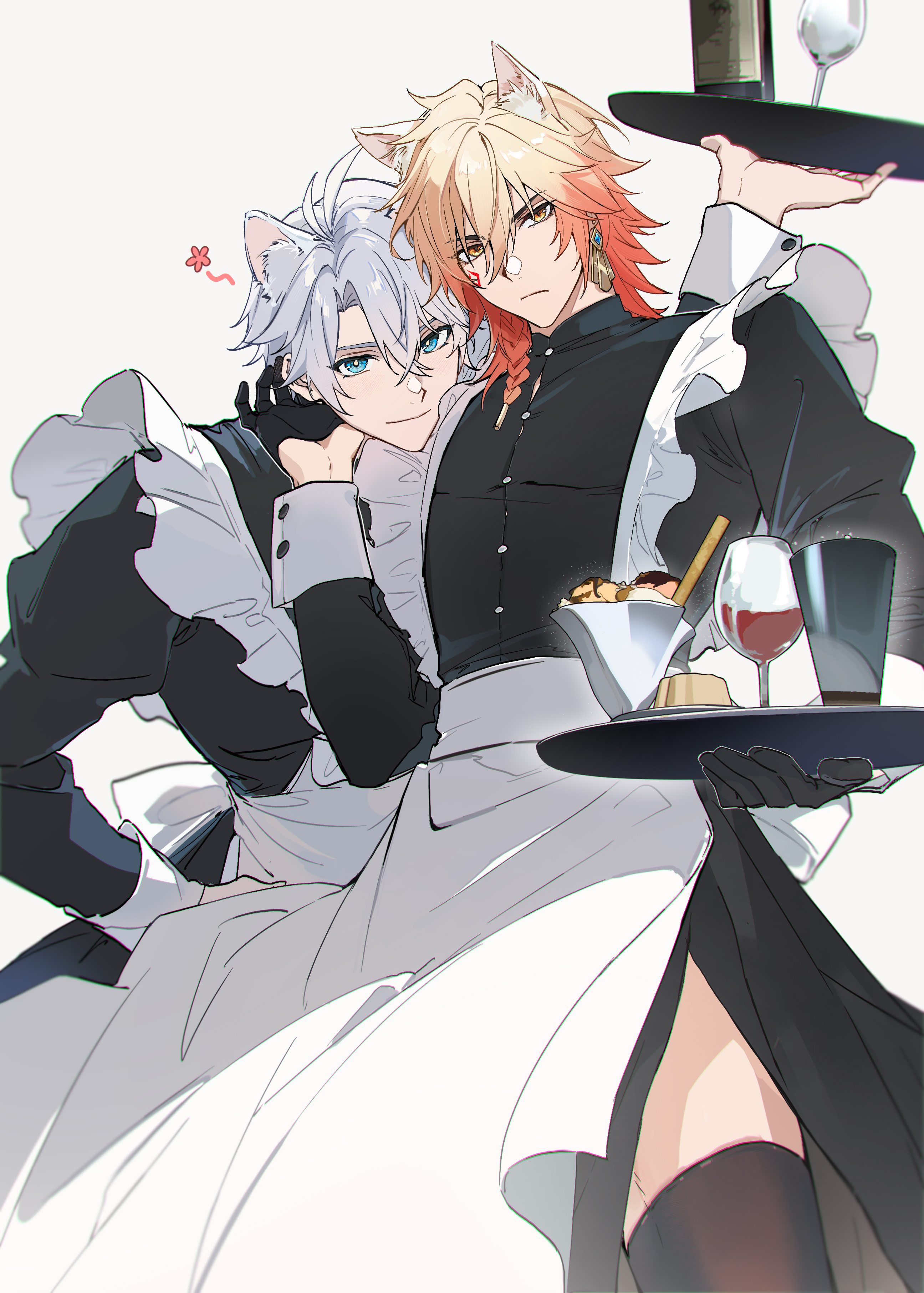 migan, mydei (honkai: star rail), phainon (honkai: star rail), honkai: star rail, honkai (series), absurdres, chinese commentary, commentary request, highres, 2boys, animal ear fluff, animal ears, antenna hair, apron, black dress, black gloves, black thighhighs, blonde hair, blue eyes, braid, cat boy, cat ears, crossdressing, crossdressing (mtf), dress, earrings, facial tattoo, frilled apron, frills, gloves, gold earrings, gradient hair, hair between eyes, half gloves, holding, holding tray, jewelry, maid, maid apron, male focus, male maid, medium hair, multicolored hair, multiple boys, parted bangs, red hair, red tattoo, short hair, side braid, simple background, tattoo, thighhighs, tray, white background, white hair, yellow eyes