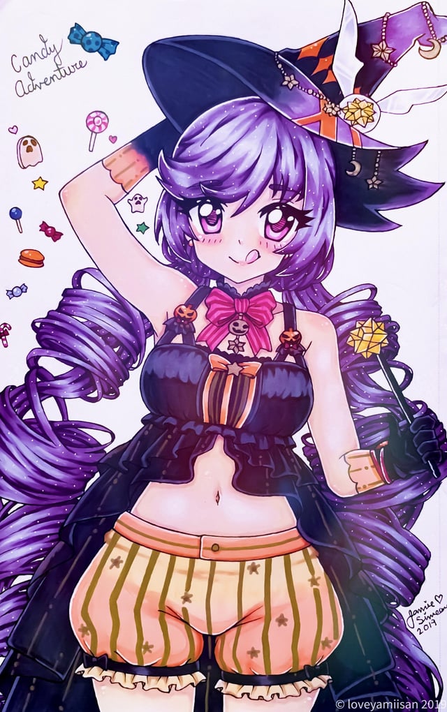 miracle nikki, nikki (series), commentary, english commentary, traditional media, 1girl, :q, arm behind head, artist name, bare shoulders, black choker, black dress, black gloves, black hat, bloomers, blush stickers, bow, bow choker, bowtie, brooch, candy, candy adventure (miracle nikki), character name, choker, closed mouth, clothing cutout, cowboy shot, crescent, crescent hat ornament, dot nose, dress, drill hair, eyelashes, food, frilled bloomers, frilled gloves, frills, gloves, hat, hat ornament, holding, holding wand, jewelry, lace-trimmed choker, lace trim, long hair, low twintails, midriff, navel, orange bloomers, orange bow, orange bowtie, purple eyes, purple hair, red bow, reddit username, sleeveless, sleeveless dress, smile, solo, standing, star (symbol), star brooch, star hat ornament, star print, stomach cutout, striped bow, striped clothes, swept bangs, tongue, tongue out, torn clothes, torn hat, tsurime, twin drills, twintails, underwear, vertical-striped clothes, very long hair, wand, witch, witch hat, yamisaan