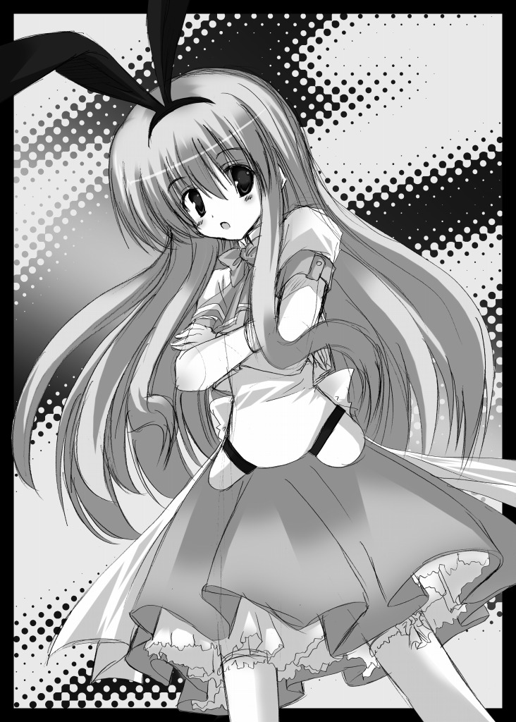 akane souichi, 1girl, :o, animal ears, blush, cowboy shot, dress, fake animal ears, female focus, frilled dress, frills, greyscale, long hair, long sleeves, monochrome, open mouth, rabbit ears, solo, very long hair