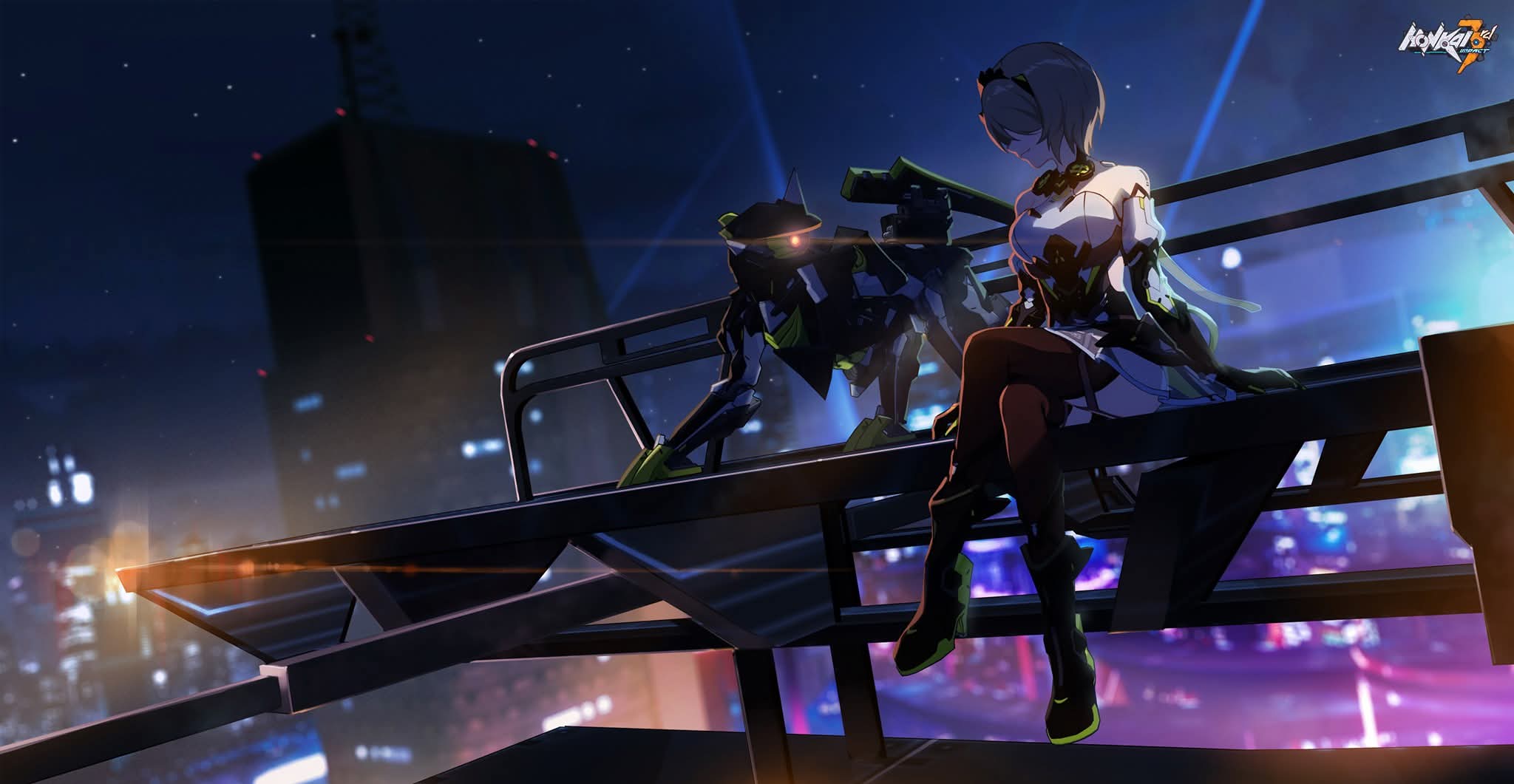 rita rossweisse, rita rossweisse (phantom iron), honkai (series), honkai impact 3rd, highres, official art, 1girl, black dress, black pantyhose, boots, brown hair, city, city lights, closed mouth, crossed legs, detached sleeves, dress, full body, gauntlets, glowing, glowing eye, night, night sky, pantyhose, short hair, sitting, sky, skyline, solo, white sleeves