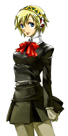 kotobuki toro, aigis (persona), atlus, persona, persona 3, blonde hair, blue eyes, gloves, hairband, school uniform, serafuku, short hair, skirt, solo, standing