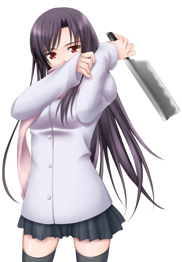 ribucci, katsura kotonoha, school days, 00s, 1girl, female focus, knife, long hair, red eyes, school uniform, serafuku, simple background, solo, thighhighs, zettai ryouiki