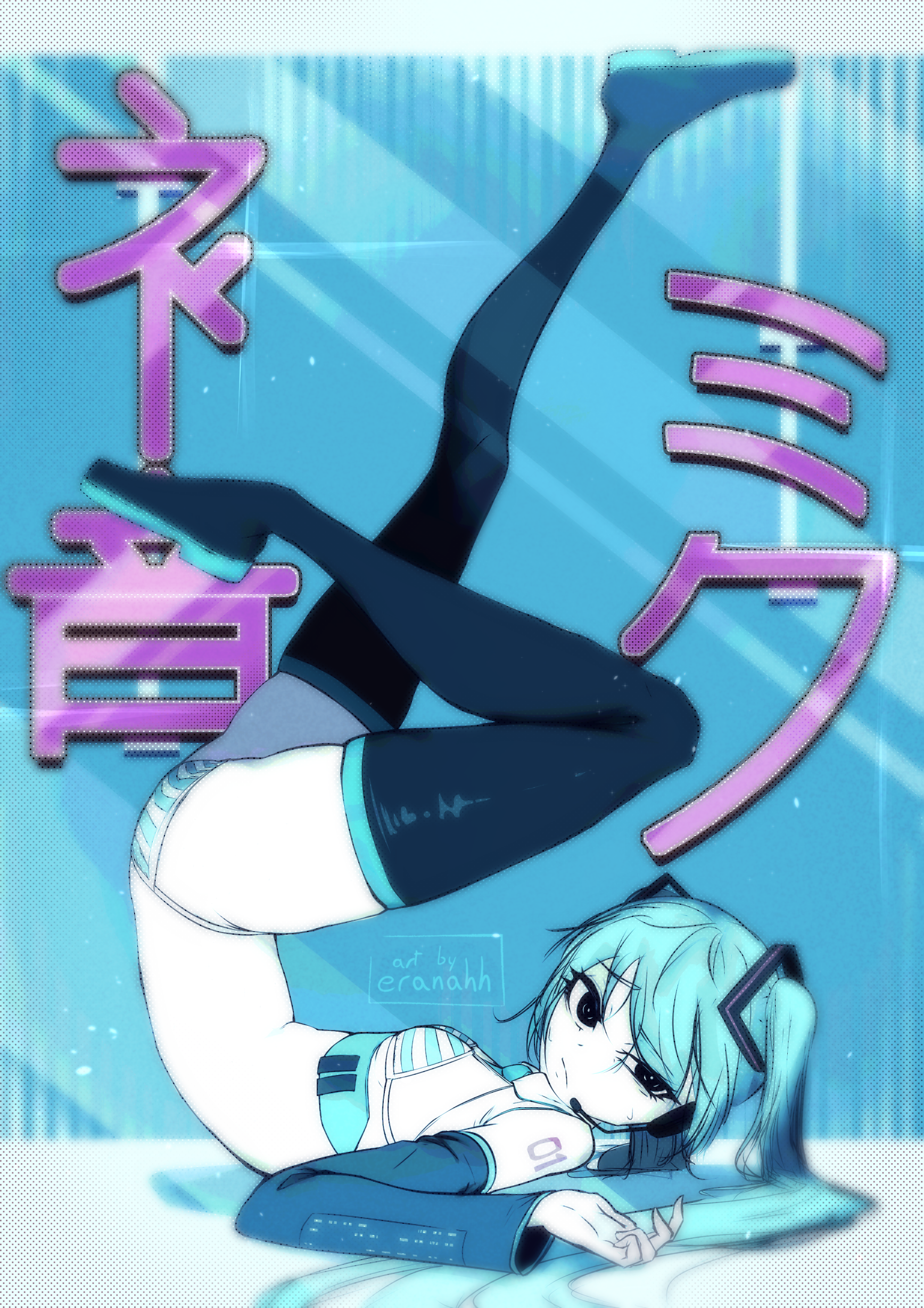 eranahh, hatsune miku, vocaloid, absurdres, bilingual commentary, commentary, highres, mixed-language commentary, translated, 1girl, aqua hair, aqua necktie, arm tattoo, bikini, black eyes, boots, breasts, character name, detached sleeves, full body, headset, japanese ranguage, legs, legs up, looking at viewer, lying, miku collar bikini, necktie, number tattoo, on back, raised eyebrow, ranguage, small breasts, solo, striped bikini, striped clothes, swimsuit, tattoo, thigh boots, thighhighs, twintails, typo, zettai ryouiki