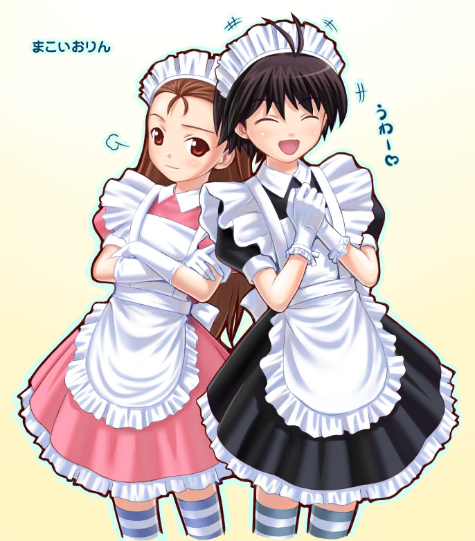 nekopuchi, kikuchi makoto, minase iori, idolmaster, idolmaster (classic), idolmaster 1, maid fairy tale, 00s, antenna hair, maid, thighhighs
