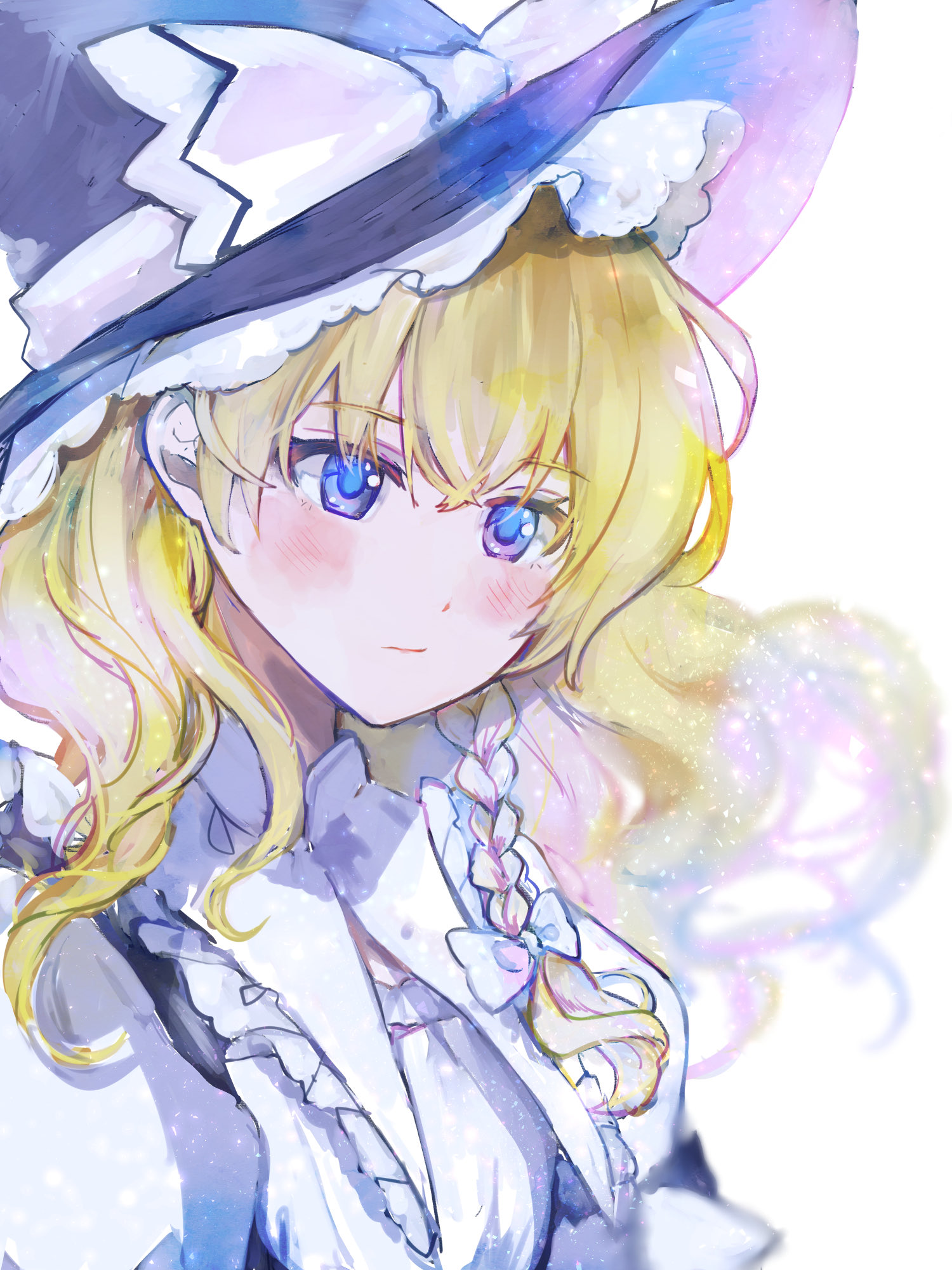 minatsuki yurara, kirisame marisa, touhou, commentary request, highres, 1girl, black hat, blonde hair, braid, expressionless, frills, hat, side braid, solo, upper body, witch hat