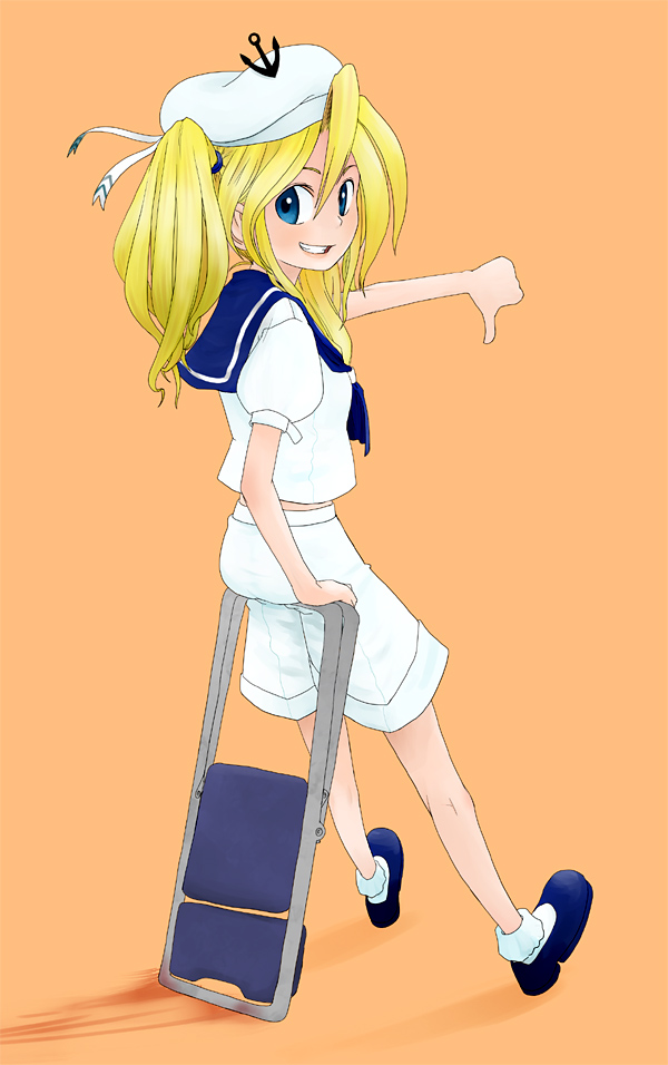 itsukage, kitashirakawa chiyuri, phantasmagoria of dim.dream, touhou, touhou (pc-98), 1girl, anchor, blonde hair, blue sailor collar, chair, female focus, folding chair, hat, sailor, sailor collar, sailor hat, solo, thumbs down, twintails