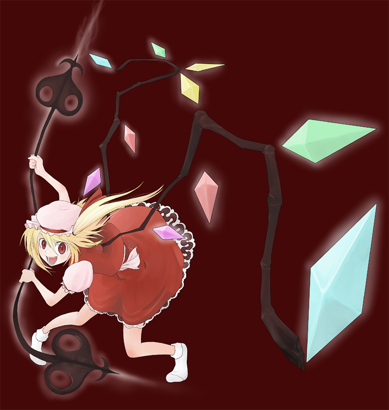itsukage, flandre scarlet, touhou, 1girl, :d, bent over, blonde hair, crystal, dress, female focus, fighting stance, holding, holding weapon, looking at viewer, open mouth, polearm, puffy short sleeves, puffy sleeves, red background, red dress, red eyes, short sleeves, simple background, smile, socks, solo, spear, weapon, wings