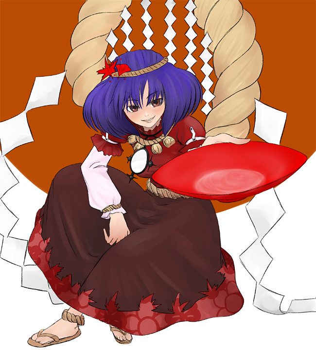 itsukage, yasaka kanako, touhou, 1girl, female focus, hair ornament, leaf hair ornament, rope, shimenawa, solo