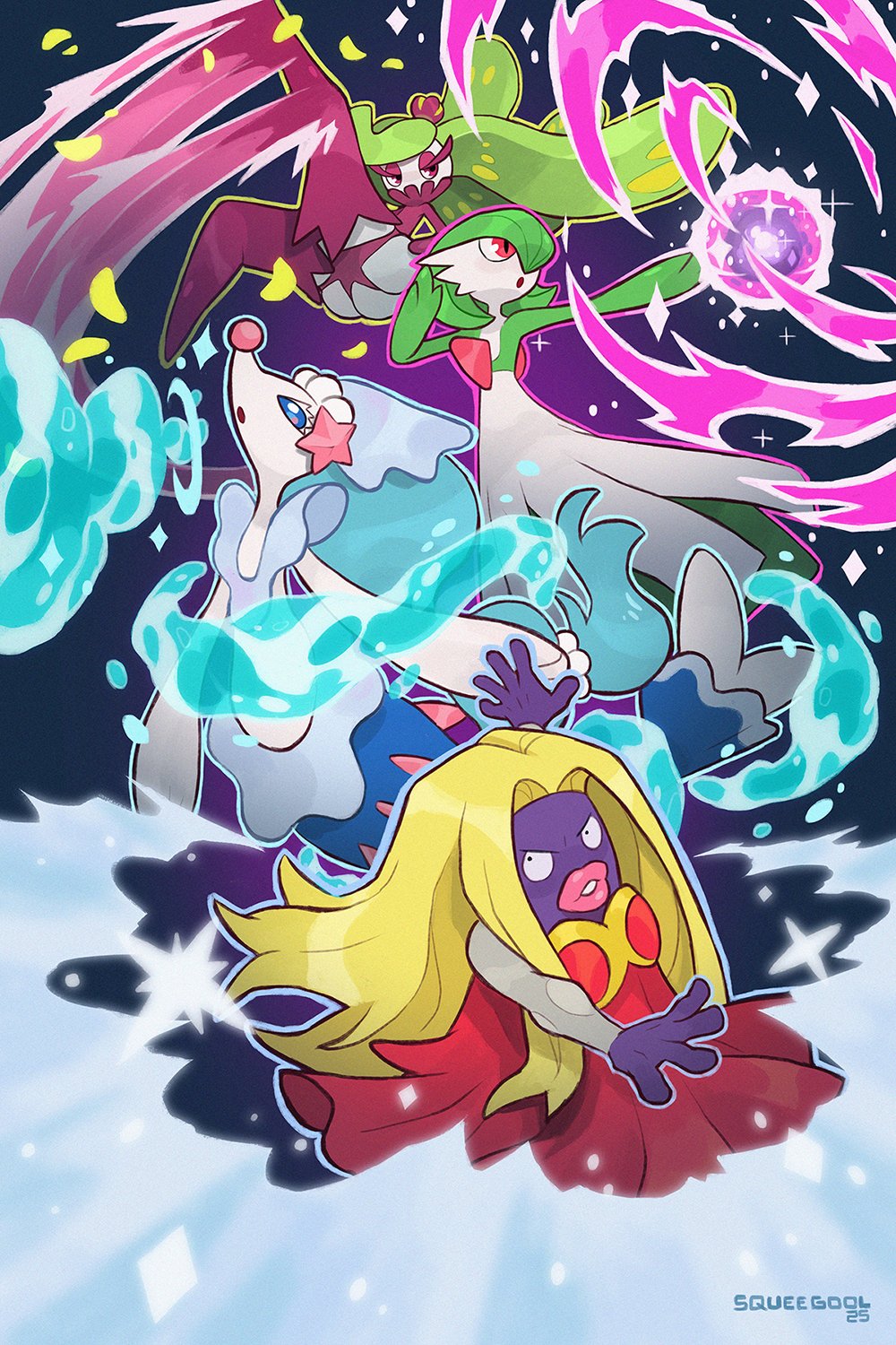 squeegool, gardevoir, jynx, primarina, tsareena, nintendo, pokemon, highres, artist name, blonde hair, blue eyes, blue hair, bob cut, colored skin, dress, gen 1 pokemon, gen 3 pokemon, gen 7 pokemon, green hair, green skin, multicolored skin, pokemon (creature), purple skin, red dress, red eyes, starfish hair ornament, two-tone skin, water, white dress, white skin