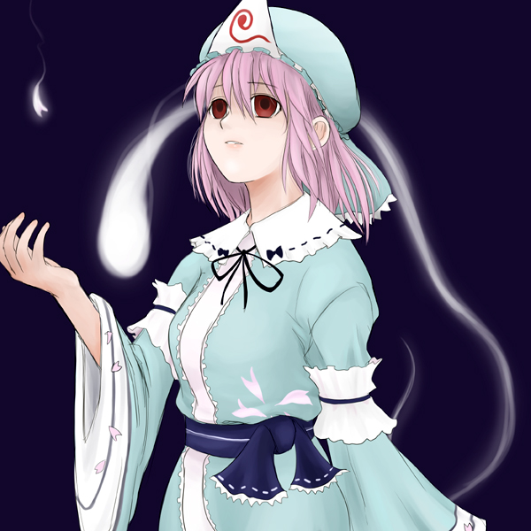 itsukage, saigyouji yuyuko, touhou, 1girl, arm garter, blue dress, dress, female focus, floating, frills, ghost, hat, hitodama, long sleeves, mob cap, pink hair, purple eyes, short hair, solo, triangular headpiece, upper body