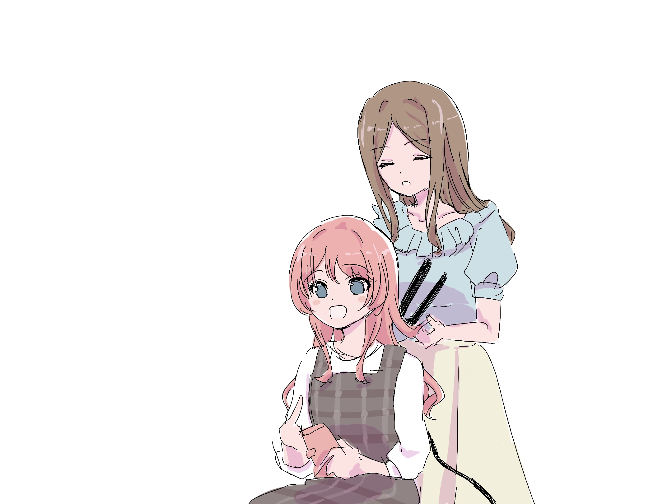 chihaya anon, nagasaki soyo, bang dream!, bang dream! it's mygo!!!!!, commentary, highres, 2girls, blue shirt, brown hair, closed eyes, holding hair straightener, long hair, multiple girls, open mouth, pink hair, salted butter m, shirt, sidelocks, simple background, white background, white shirt