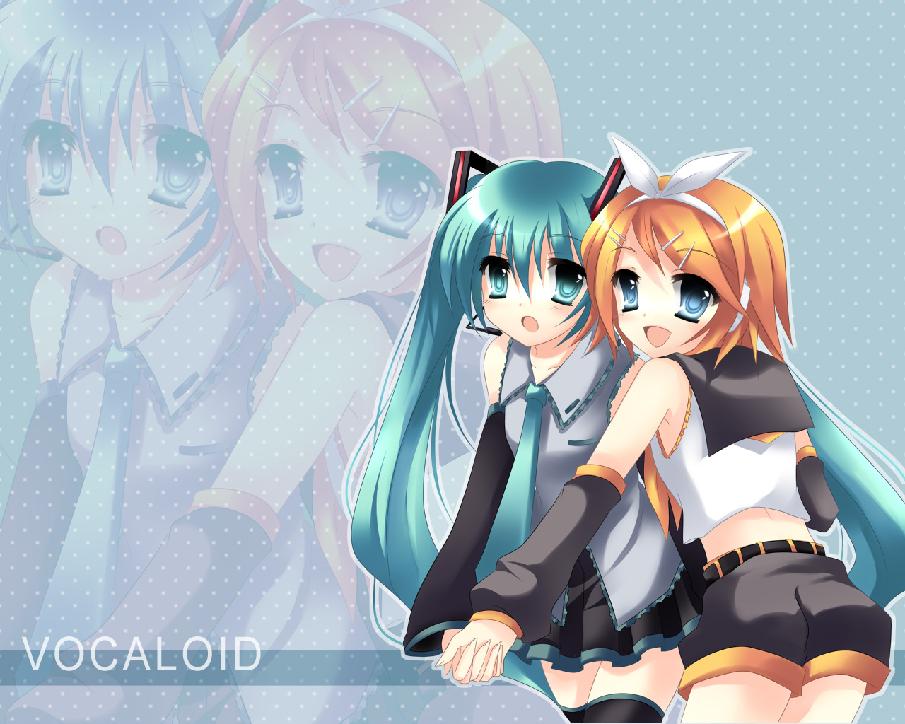takase kanan, hatsune miku, kagamine rin, vocaloid, blouse, blue eyes, blue hair, long hair, microphone, necktie, orange hair, shirt, short shorts, shorts, thighhighs, very long hair, white shirt, zettai ryouiki, zoom layer