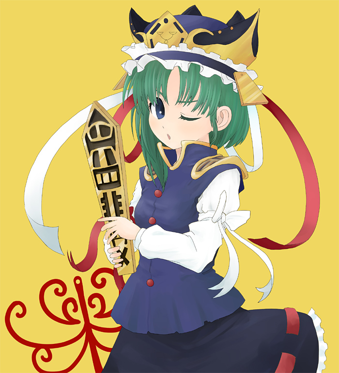 itsukage, shiki eiki, touhou, 1girl, blue eyes, bow, female focus, green hair, hat, one eye closed, ribbon, rod of remorse, short hair, skirt, solo, wink