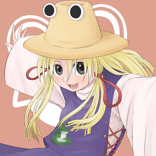 itsukage, moriya suwako, touhou, lowres, 1girl, blonde hair, female focus, grey eyes, hat, outstretched arms, skirt, solo, spread arms