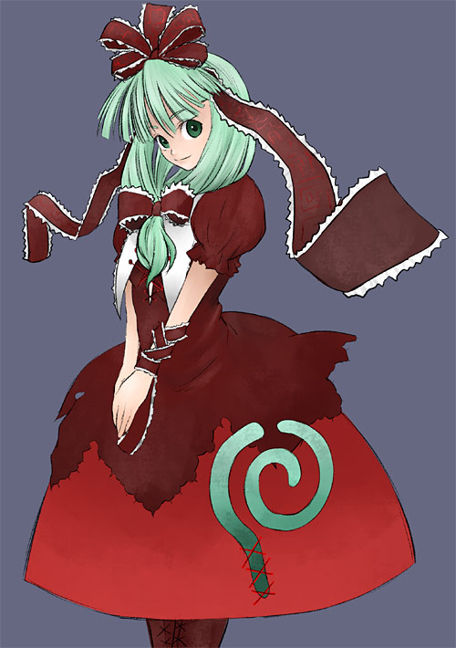 itsukage, kagiyama hina, touhou, 1girl, blush, bow, cowboy shot, dress, female focus, frills, front ponytail, green eyes, green hair, hair bow, long hair, looking at viewer, matching hair/eyes, own hands together, pantyhose, red bow, red dress, red pantyhose, shawl, solo, standing, v arms, wrist cuffs