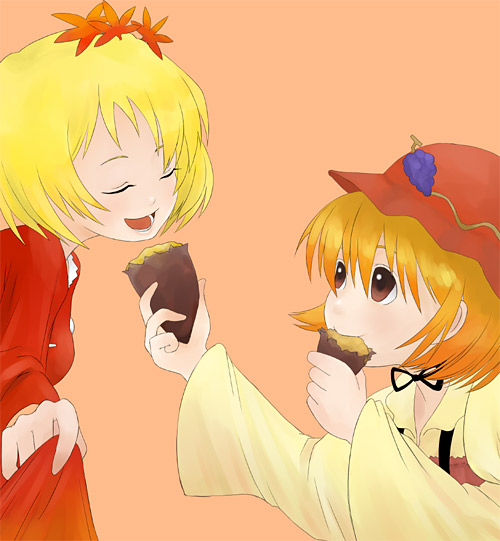 itsukage, aki minoriko, aki shizuha, touhou, 2girls, feeding, female focus, food, fruit, grapes, hair ornament, hat, holding, leaf, leaf hair ornament, leaf on head, multiple girls, siblings, sisters, sweet potato