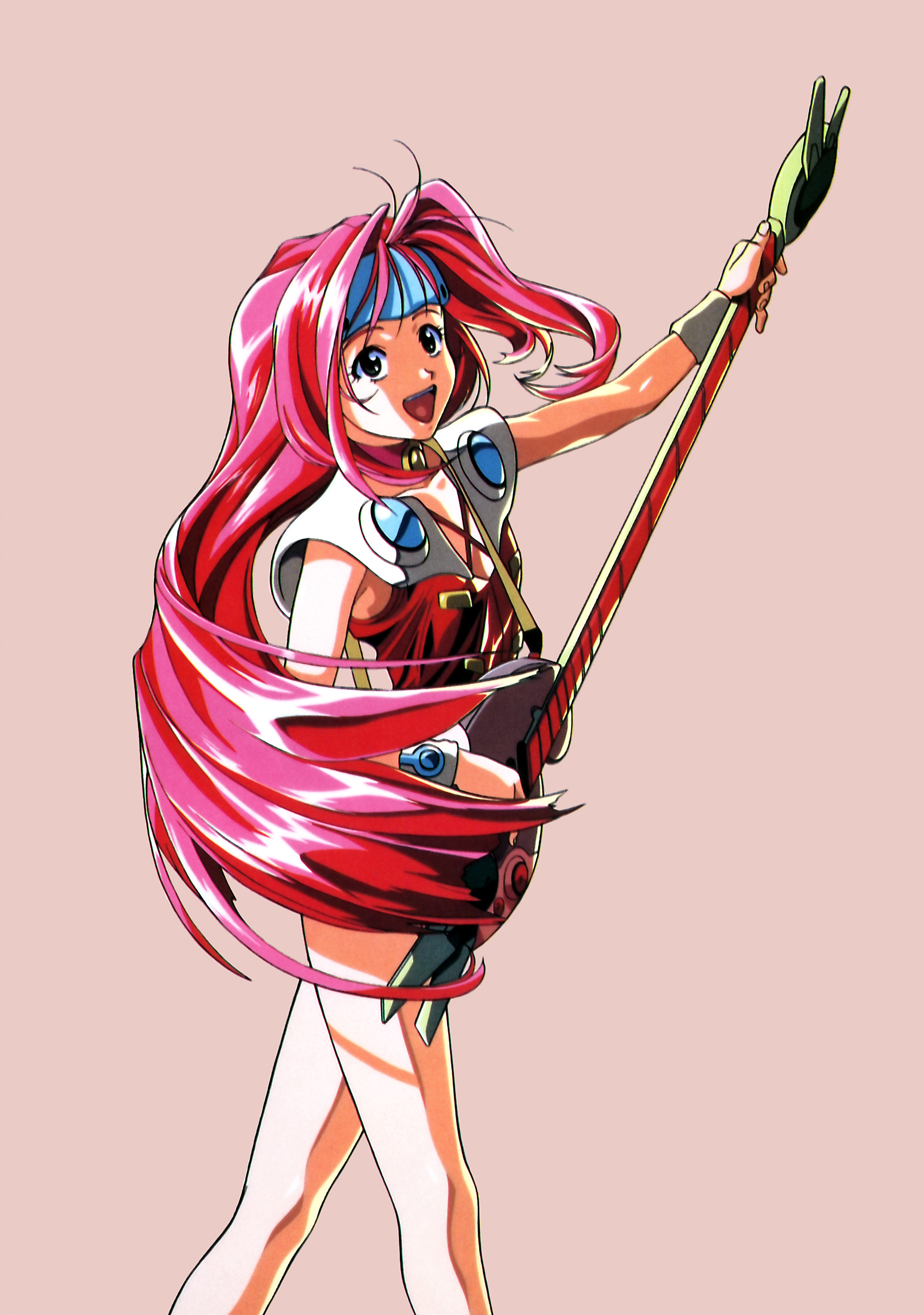 katsura ken'ichirou, mylene jenius, macross, macross 7, absurdres, highres, 1990s (style), 1girl, female focus, guitar, instrument, long legs, pink background, retro artstyle, solo