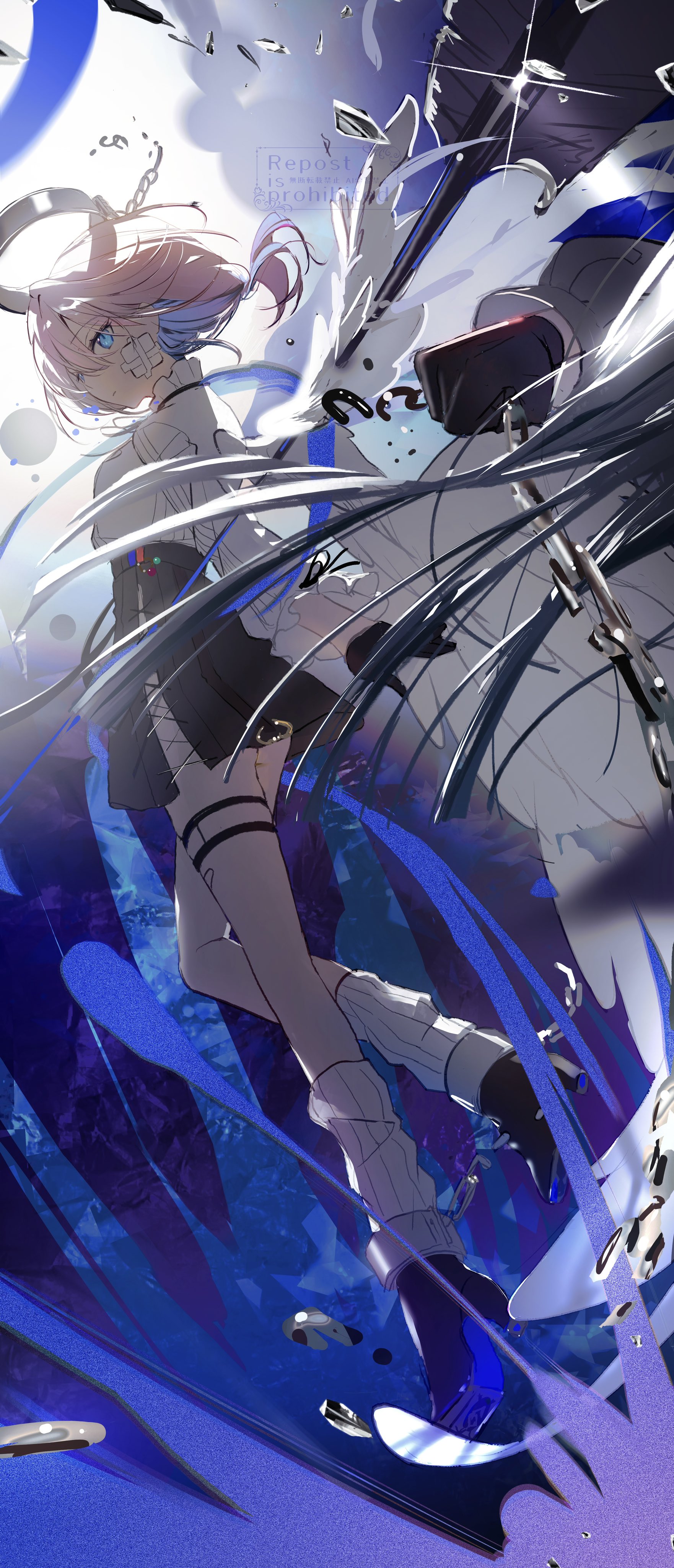 kamatoyu, arcaea, absurdres, highres, 1girl, angel wings, arrow (projectile), bandage on face, bandages, bandaid, bandaid on face, belt, black belt, black boots, black gloves, black ribbon, black skirt, blue eyes, blue hair, boots, breasts, compassion (arcaea), cross, detached wings, full body, gloves, grey hair, high heels, holding, holding arrow, long sleeves, loose socks, medium breasts, multicolored hair, ribbon, shirt, short hair, skirt, socks, solo, streaked hair, thigh strap, white shirt, white socks, white wings, wings