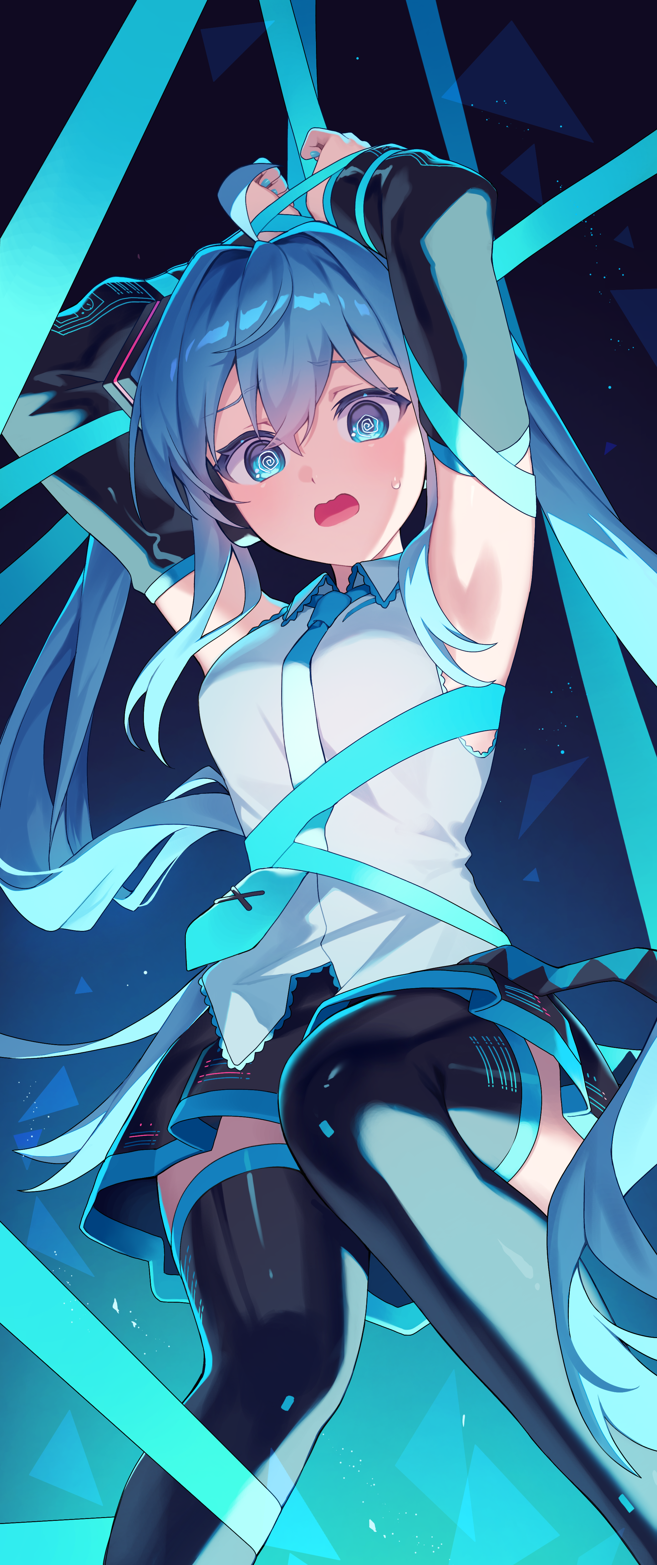 kurobikari, hatsune miku, vocaloid, absurdres, commentary, highres, 1girl, @ @, ahoge, aqua eyes, aqua hair, aqua nails, armpits, arms up, black skirt, blush, boots, bound, bound wrists, breasts, collared shirt, detached sleeves, hair between eyes, hair ornament, long hair, long sleeves, medium breasts, miniskirt, open mouth, pleated skirt, ribbon, ribbon bondage, shirt, skirt, sleeveless, sleeveless shirt, solo, sweat, thigh boots, twintails, very long hair, white shirt, wide sleeves
