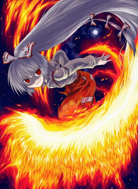 kasema, kasema yukinari, fujiwara no mokou, touhou, 1girl, female focus, fiery wings, fire, solo